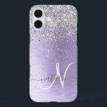 Purple Brushed Metal Silver Glitter Monogram Name iPhone 16 Plus Case<br><div class="desc">Easily personalize this trendy chic phone case design featuring pretty silver sparkling glitter on a purple brushed metallic background.</div>
