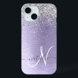 Purple Brushed Metal Silver Glitter Monogram Name iPhone 15 Case<br><div class="desc">Easily personalize this trendy chic phone case design featuring pretty silver sparkling glitter on a purple brushed metallic background.</div>