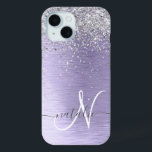 Purple Brushed Metal Silver Glitter Monogram Name iPhone 15 Case<br><div class="desc">Easily personalize this trendy chic phone case design featuring pretty silver sparkling glitter on a purple brushed metallic background.</div>