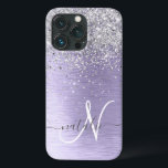 Purple Brushed Metal Silver Glitter Monogram Name iPhone 13 Pro Case<br><div class="desc">Easily personalize this trendy chic phone case design featuring pretty silver sparkling glitter on a purple brushed metallic background.</div>