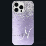 Purple Brushed Metal Silver Glitter Monogram Name iPhone 16 Pro Max Case<br><div class="desc">Easily personalize this trendy chic phone case design featuring pretty silver sparkling glitter on a purple brushed metallic background.</div>