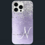 Purple Brushed Metal Silver Glitter Monogram Name iPhone 16 Pro Max Case<br><div class="desc">Easily personalize this trendy chic phone case design featuring pretty silver sparkling glitter on a purple brushed metallic background.</div>