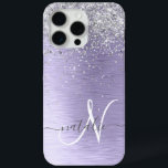 Purple Brushed Metal Silver Glitter Monogram Name iPhone 15 Pro Max Case<br><div class="desc">Easily personalize this trendy chic phone case design featuring pretty silver sparkling glitter on a purple brushed metallic background.</div>