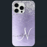 Purple Brushed Metal Silver Glitter Monogram Name iPhone 15 Pro Max Case<br><div class="desc">Easily personalize this trendy chic phone case design featuring pretty silver sparkling glitter on a purple brushed metallic background.</div>
