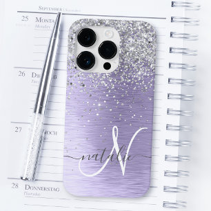 Purple Brushed Metal Silver Glitter Monogram Name Case-Mate iPhone 14 Pro Case