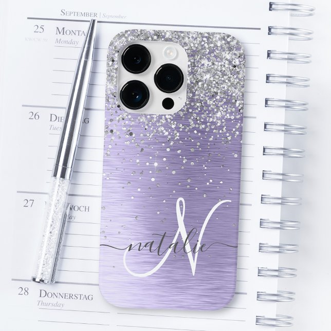 Purple Brushed Metal Silver Glitter Monogram Name Case-Mate iPhone Case (Creator Uploaded)