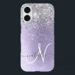 Purple Brushed Metal Silver Glitter Monogram Name iPhone 16 Case<br><div class="desc">Easily personalize this trendy chic phone case design featuring pretty silver sparkling glitter on a purple brushed metallic background.</div>