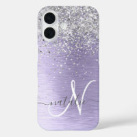 Purple Brushed Metal Silver Glitter Monogram Name