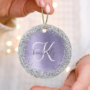 Purple Brushed Metal Silver Glitter Monogram Name Ceramic Ornament