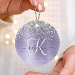Purple Brushed Metal Silver Glitter Monogram Name Ceramic Ornament<br><div class="desc">Easily personalize this trendy chic ornament design featuring pretty silver sparkling faux glitter on a purple brushed metallic background.</div>