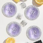 Purple Brushed Metal Silver Glitter Monogram Name Coaster Set<br><div class="desc">Easily personalize this trendy chic coaster set design featuring pretty silver sparkling glitter on a purple brushed metallic background.</div>