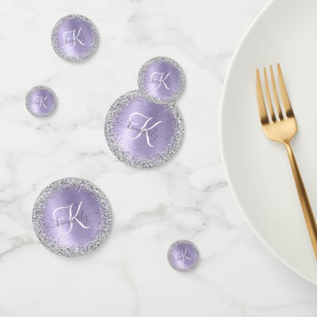Purple Brushed Metal Silver Glitter Monogram Name Confetti (Group)