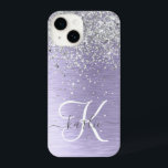 Purple Brushed Metal Silver Glitter Monogram Name iPhone 14 Case<br><div class="desc">Easily personalize this trendy chic phone case design featuring pretty silver sparkling glitter on a purple brushed metallic background.</div>