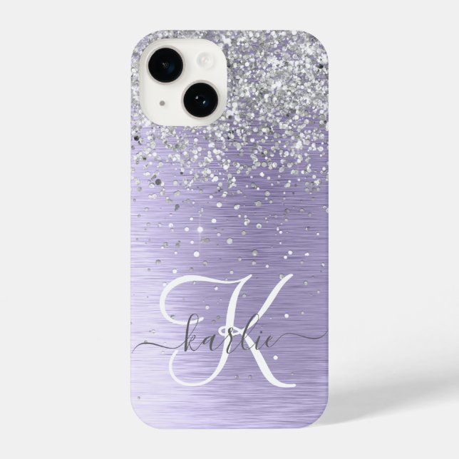 Purple Brushed Metal Silver Glitter Monogram Name iPhone Case (Back)
