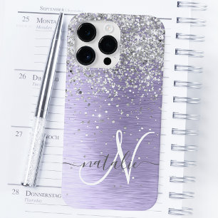 Purple Brushed Metal Silver Glitter Monogram Name iPhone 14 Pro Max Case