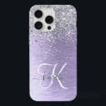 Purple Brushed Metal Silver Glitter Monogram Name iPhone 15 Pro Max Case<br><div class="desc">Easily personalize this trendy chic phone case design featuring pretty silver sparkling glitter on a purple brushed metallic background.</div>