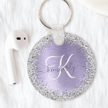 Purple Brushed Metal Silver Glitter Monogram Name Keychain<br><div class="desc">Easily personalize this trendy chic keychain design featuring pretty silver sparkling faux glitter on a purple brushed metallic background.</div>