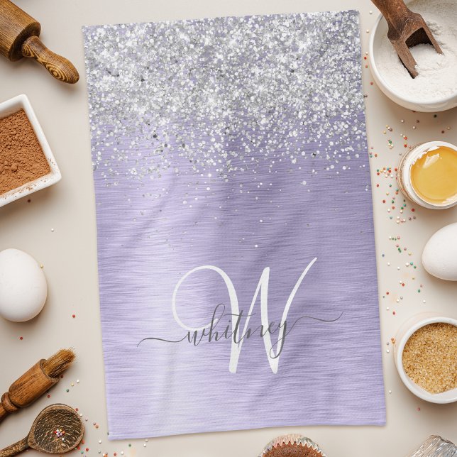 Purple Brushed Metal Silver Glitter Monogram Name Kitchen Towel (Creator Uploaded)