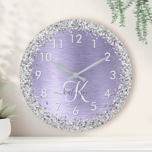 Purple Brushed Metal Silver Glitter Monogram Name Large Clock