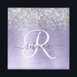 Purple Brushed Metal Silver Glitter Monogram Name Magnet<br><div class="desc">Easily personalize this trendy chic magnet design featuring pretty silver sparkling glitter on a purple brushed metallic background.</div>