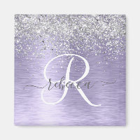 Purple Brushed Metal Silver Glitter Monogram Name