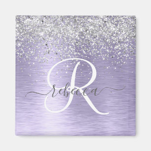 Purple Brushed Metal Silver Glitter Monogram Name Magnet