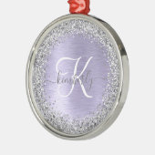 Purple Brushed Metal Silver Glitter Monogram Name Metal Ornament (Left)