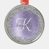 Purple Brushed Metal Silver Glitter Monogram Name Metal Ornament (Front)