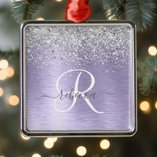  Purple Brushed Metal Silver Glitter Monogram Name Metal Ornament