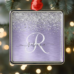 Purple Brushed Metal Silver Glitter Monogram Name Metal Ornament<br><div class="desc">Easily personalize this trendy chic ornament design featuring pretty silver sparkling glitter on a purple brushed metallic background.</div>