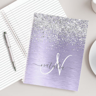 Purple Brushed Metal Silver Glitter Monogram Name Notebook