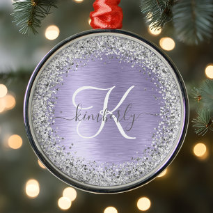 Purple Brushed Metal Silver Glitter Monogram Name Ornament