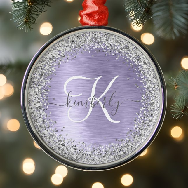Purple Brushed Metal Silver Glitter Monogram Name Ornament (Creator Uploaded)