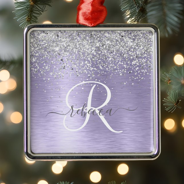  Purple Brushed Metal Silver Glitter Monogram Name Ornament (Creator Uploaded)