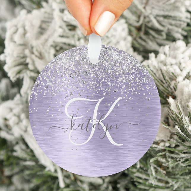 Purple Brushed Metal Silver Glitter Monogram Name Ornament (Creator Uploaded)