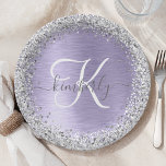 Purple Brushed Metal Silver Glitter Monogram Name Paper Plate<br><div class="desc">Easily personalize this trendy chic paper plate design featuring pretty silver sparkling glitter on a purple brushed metallic background.</div>