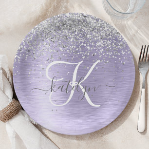 Purple Brushed Metal Silver Glitter Monogram Name Paper Plate