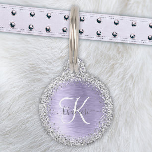 Purple Brushed Metal Silver Glitter Monogram Name Pet Tag