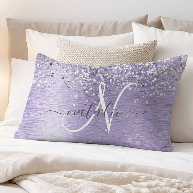 Purple Brushed Metal Silver Glitter Monogram Name Pillowcase (Creator Uploaded)