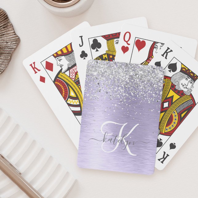 Purple Brushed Metal Silver Glitter Monogram Name Playing Cards (Creator Uploaded)