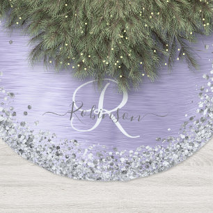 Purple Brushed Metal Silver Glitter Monogram Name Polyester Tree Skirt