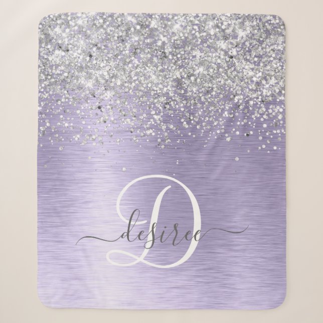 Purple Brushed Metal Silver Glitter Monogram Name Sherpa Blanket (Front)