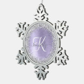 Purple Brushed Metal Silver Glitter Monogram Name Snowflake Pewter Christmas Ornament (Right)