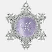Purple Brushed Metal Silver Glitter Monogram Name Snowflake Pewter Christmas Ornament (Front)