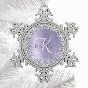 Purple Brushed Metal Silver Glitter Monogram Name Snowflake Pewter Christmas Ornament