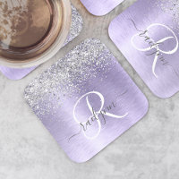 Purple Brushed Metal Silver Glitter Monogram Name