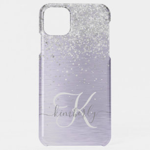 Purple Brushed Metal Silver Glitter Monogram Name iPhone 11 Pro Max Case