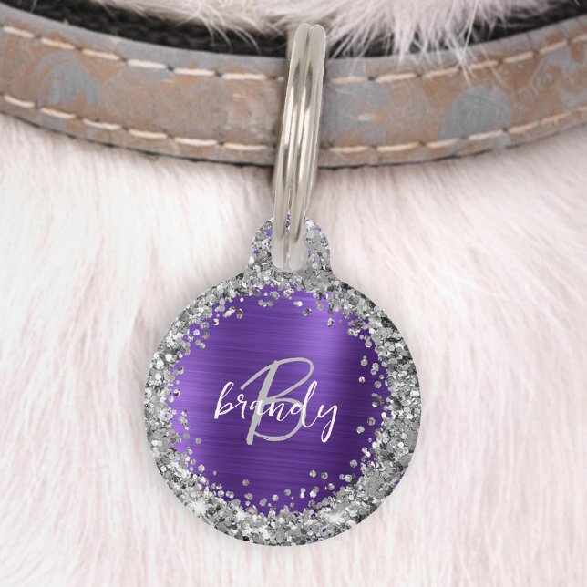 Purple Brushed Metal Silver Glitter Monogram  Pet Tag (Creator Uploaded)