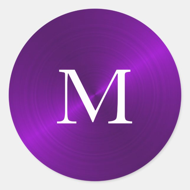 Purple Brushed Metallic Monogram Initial Classic Round Sticker (Front)