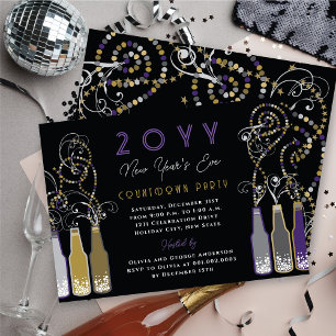 Purple Bubbly Bottles Swirls New Year's Eve Party Invitation
